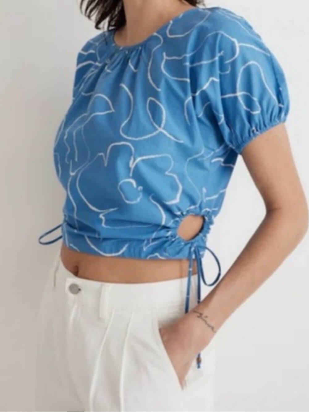 Madewell Blue Floral Drawstring Crop Top, XS